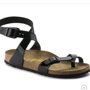 Birkenstock-Yara Birko-Flor Black Patent Sandals-Size 44-W 12